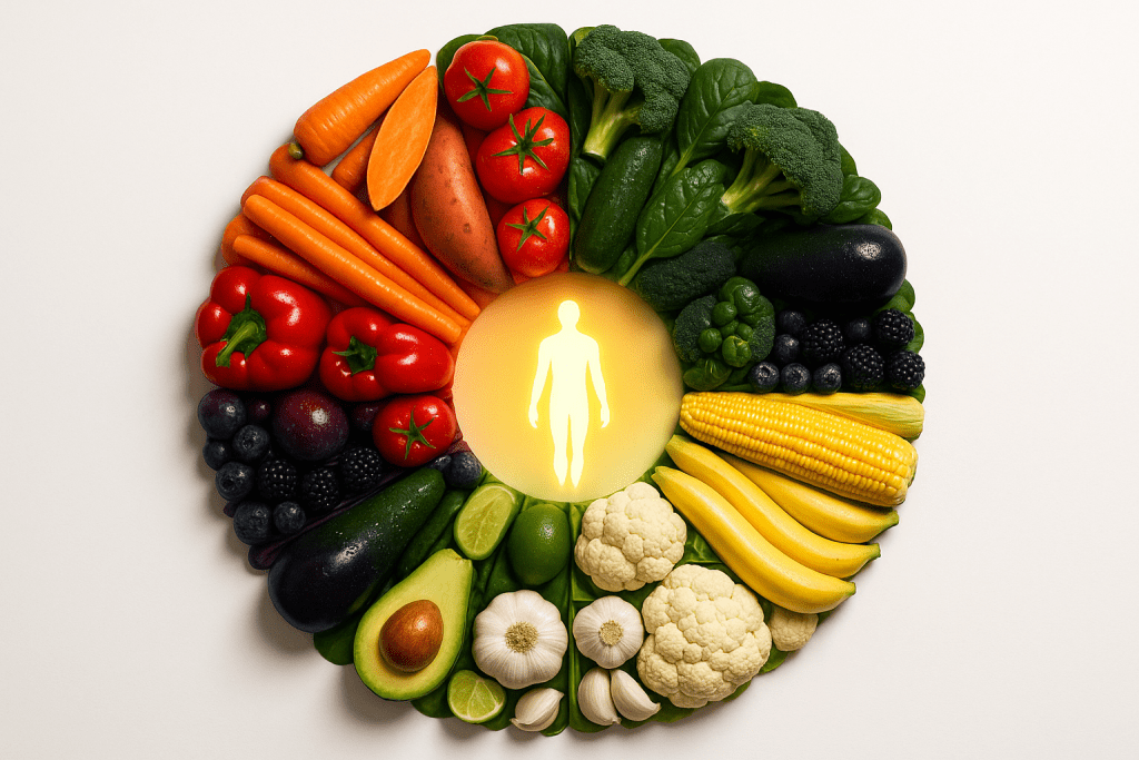 A beautiful colour wheel made of fruit and vegetables that represent 13 essential nutrients