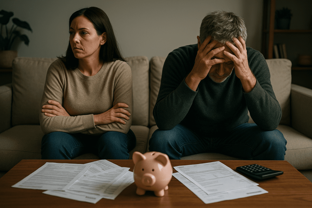a couple sit on a couch with debt letters and an empty piggy bank, symbolising their financial stress