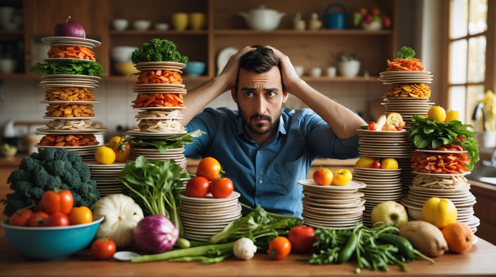 Nutrition 101: A man sits behind a stack of plates filled with a variety of food. He looks confused and unsure where to start