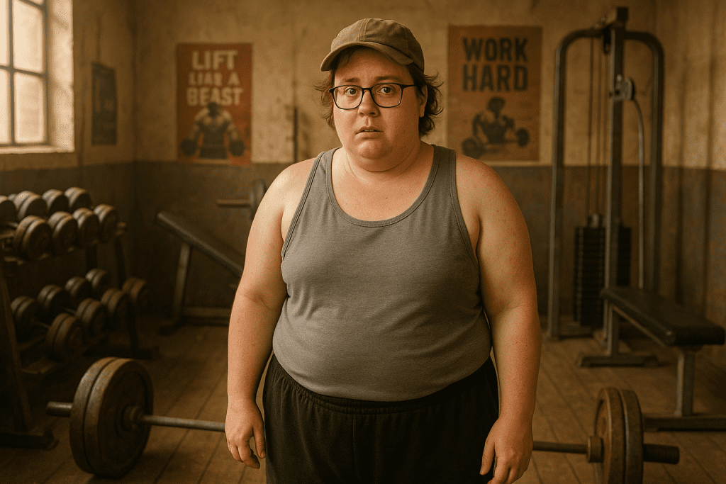 An overweight man stands in a warmly lit gym, looking confused , yet eager to start his physical fitness journey