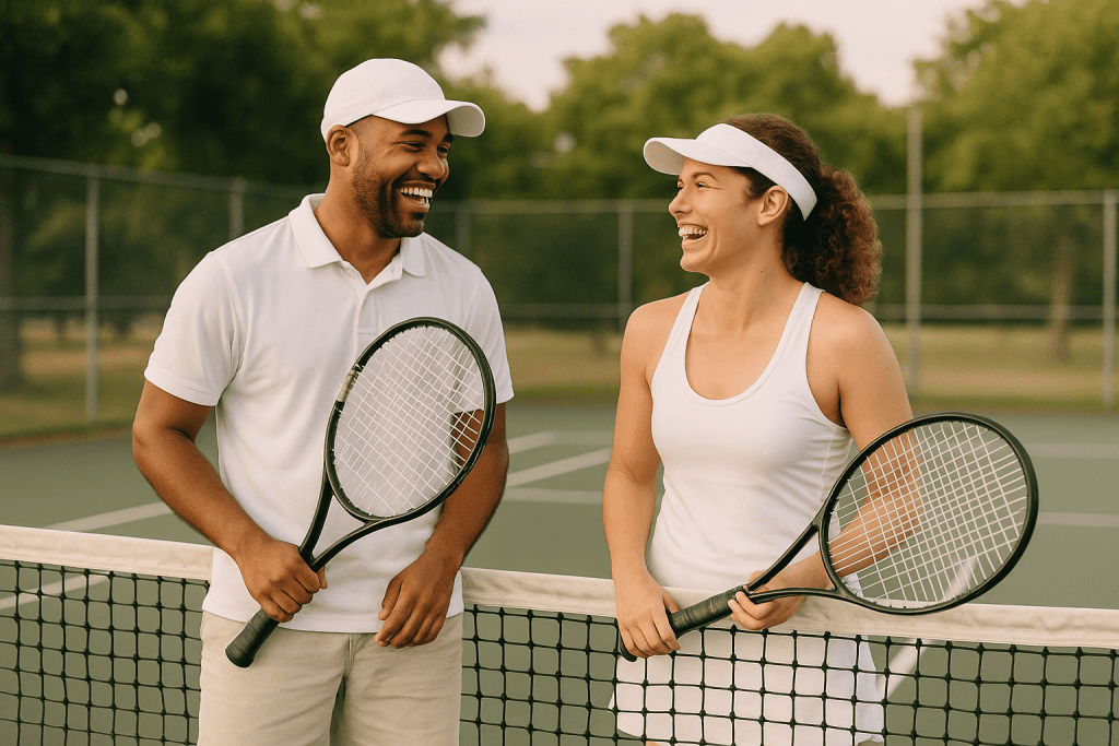 A couple enjoy their tennis training, keeping fit, making friends and laughing