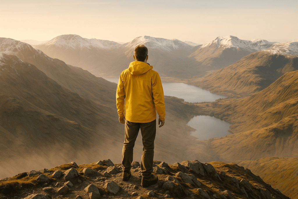 A hiker stands in the lake district looking out at one of the best UK hiking trails, enjoying their active lifestyle