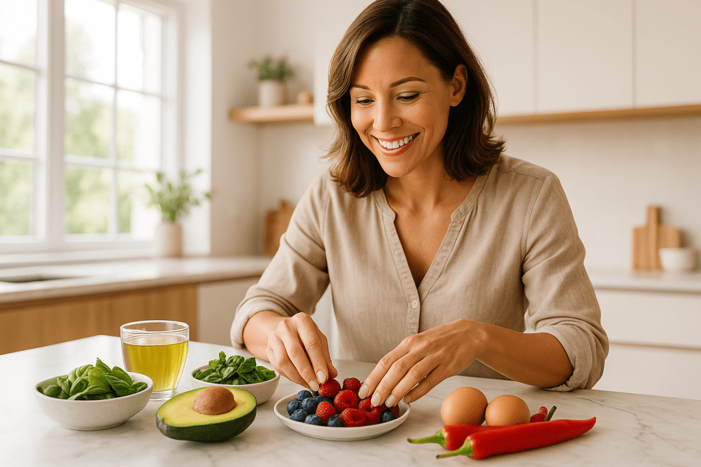 A mature women over the age of 35, prepares a delicious array of metabolism boosting foods
