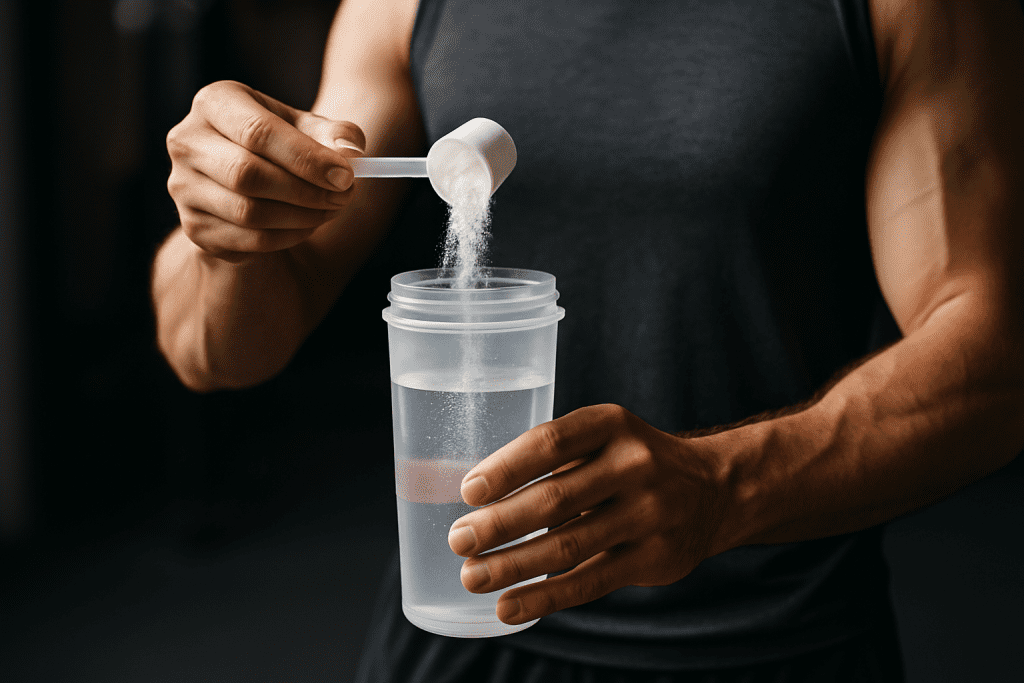 A man pours creatine from a scoop into his shaker bottle, as he continues his creatine loading protocol